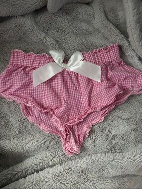 SHEIN Pink Gingham Ruffle Satin Bow Pajama Shorts